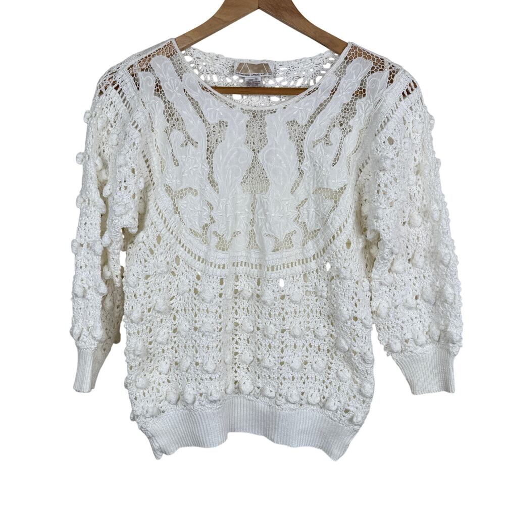 Vintage Crochet Pullover Sweater White Cotton Lace Boho Handcrafted Artisanal S